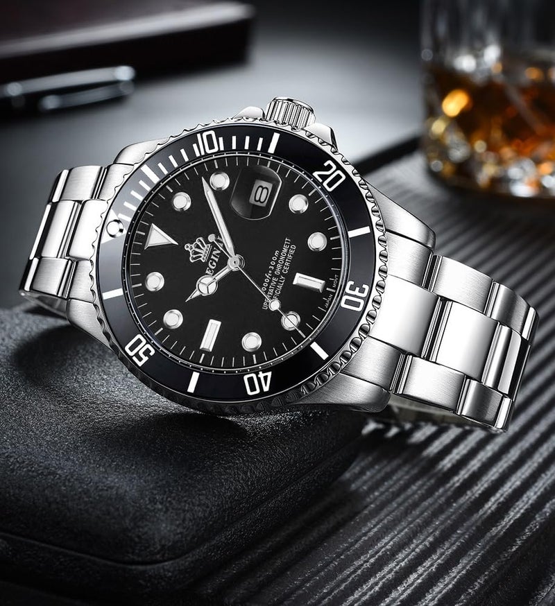 Reginald Men's Watch Luminous Quartz Rotatable Bezel Sapphire Glass Silver Stainless Steel Band and Case Waterproof Sports Black Watch - Image 4